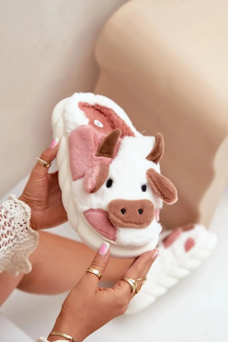 Futrzane Kapcie Krowy Damskie Różowe Remiola