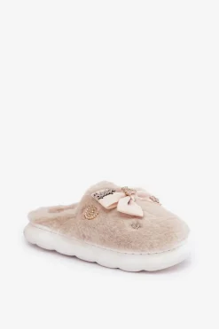 Futrzane Kapcie Z Kokardką I Przypinkami Beżowe Annalira