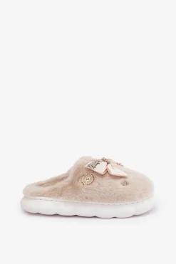 Futrzane Kapcie Z Kokardką I Przypinkami Beżowe Annalira
