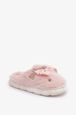 Futrzane Kapcie Z Kokardką I Przypinkami Różowe Annalira