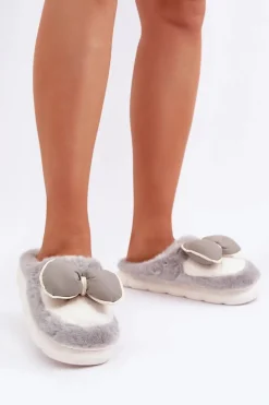Futrzane Kapcie Z Kokardką Szare Grilis