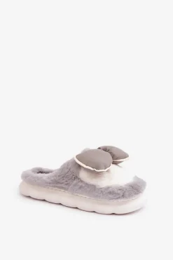 Futrzane Kapcie Z Kokardką Szare Grilis