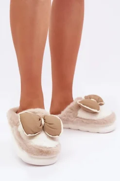 Futrzane Kapcie Z Kokardką Beżowe Grilis
