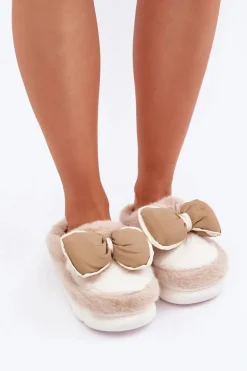 Futrzane Kapcie Z Kokardką Beżowe Grilis
