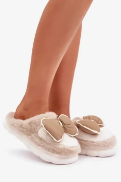 Futrzane Kapcie Z Kokardką Beżowe Grilis