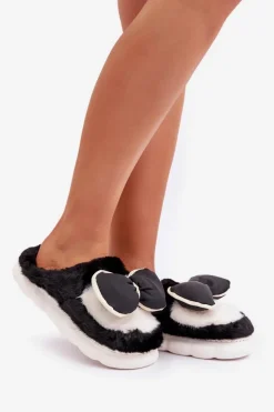 Futrzane Kapcie Z Kokardką Czarne Grilis