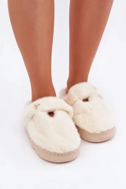 Futrzane Kapcie Z Małą Broszką Jasnobeżowe Primaria