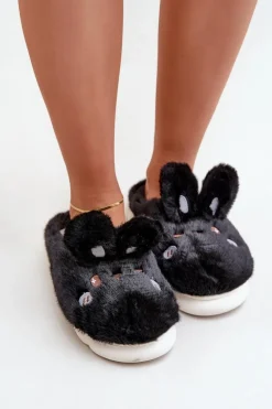 Futrzane Kapcie Z Motywem Króliczka Czarne Natasha