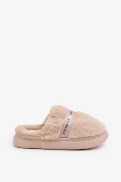 Futrzane Kapcie Z Ozdobnym Paskiem Beżowe Savalithea