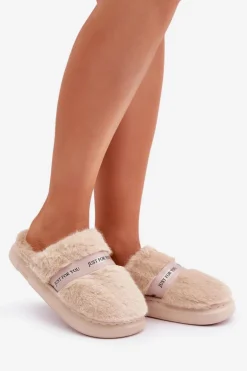 Futrzane Kapcie Z Ozdobnym Paskiem Beżowe Savalithea