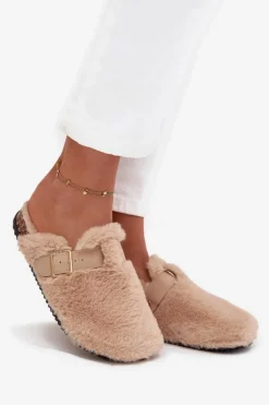 Futrzane Klapki Damskie Na Platformie Z Paskiem I Klamrą Beżowe Noraline