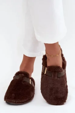 Futrzane Klapki Damskie Na Platformie Z Paskiem I Klamrą Brązowe Noraline