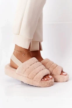 Futrzane Papcie Na Platformie Beżowe Snowflake