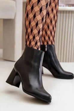 Gładkie Botki Damskie Na Słupku Z Eko Skóra Ocieplane Czarne Milisea