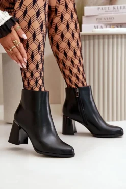 Gładkie Botki Damskie Na Słupku Z Eko Skóra Ocieplane Czarne Milisea