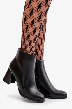 Gładkie Botki Damskie Na Słupku Z Eko Skóra Ocieplane Czarne Milisea