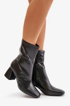 Gładkie Botki Damskie Na Słupku Z Eko Skóry Czarne Izariel