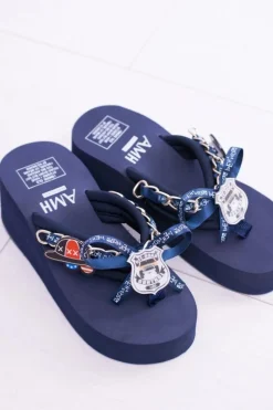 Granatowe Ekstrawaganckie Klapki na Koturnie Shock