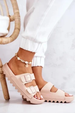 Gumowe Klapki Na Platformie Beżowe Westie