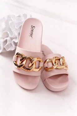 Gumowe Klapki Z Łańcuchem Beżowe One Moment