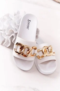 Gumowe Klapki Z Łańcuchem Białe One Moment