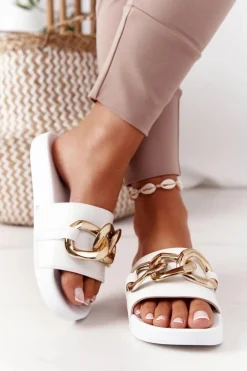 Gumowe Klapki Z Łańcuchem Białe One Moment