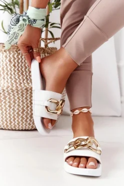 Gumowe Klapki Z Łańcuchem Białe One Moment