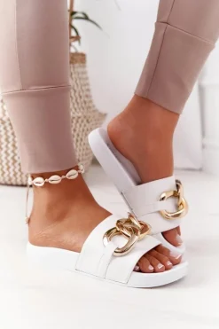 Gumowe Klapki Z Łańcuchem Białe One Moment
