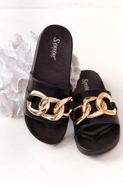 Gumowe Klapki Z Łańcuchem Czarne One Moment