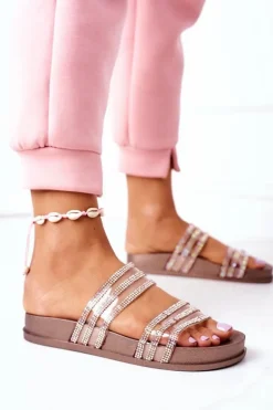 Gumowe Klapki Z Cyrkoniami Różowe Złoto Miss You