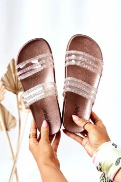 Gumowe Klapki Z Cyrkoniami Różowe Złoto Miss You