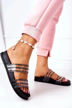 Gumowe Klapki Z Cyrkoniami Czarne Miss You