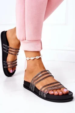 Gumowe Klapki Z Cyrkoniami Czarne Miss You