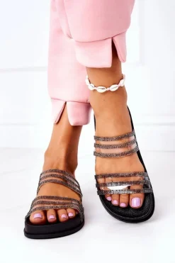 Gumowe Klapki Z Cyrkoniami Czarne Miss You