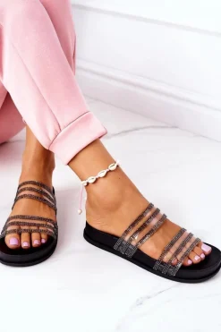 Gumowe Klapki Z Cyrkoniami Czarne Miss You