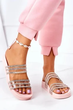 Gumowe Klapki Z Cyrkoniami Różowe Miss You