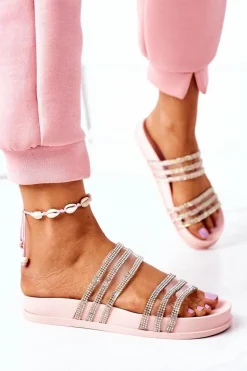 Gumowe Klapki Z Cyrkoniami Różowe Miss You