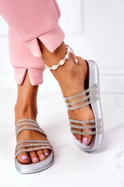 Gumowe Klapki Z Cyrkoniami Srebrne Miss You