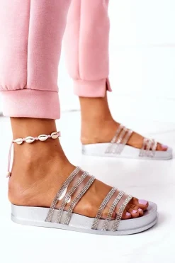 Gumowe Klapki Z Cyrkoniami Srebrne Miss You