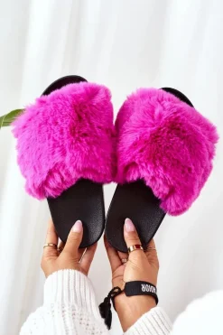 Gumowe Klapki Z Futerkiem Fuksja Soft