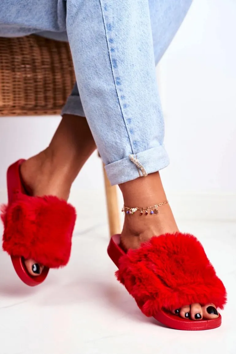 Gumowe Klapki Z Futerkiem Czerwone Sensitive