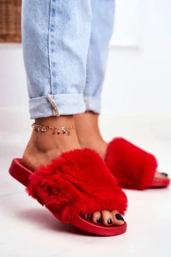 Gumowe Klapki Z Futerkiem Czerwone Sensitive