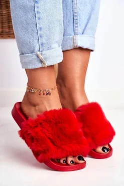 Gumowe Klapki Z Futerkiem Czerwone Sensitive