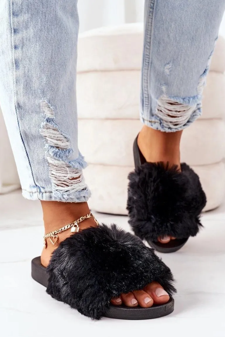 Gumowe Klapki Z Futerkiem Czarne Soft