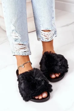 Gumowe Klapki Z Futerkiem Czarne Soft