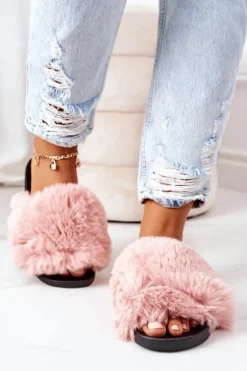 Gumowe Klapki Z Futerkiem Różowe Soft
