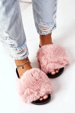 Gumowe Klapki Z Futerkiem Różowe Soft