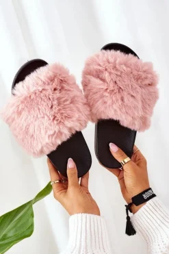 Gumowe Klapki Z Futerkiem Różowe Soft