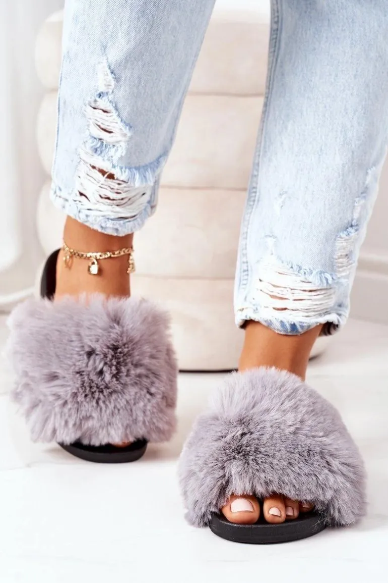 Gumowe Klapki Z Futerkiem Szare Soft