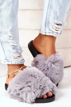 Gumowe Klapki Z Futerkiem Szare Soft